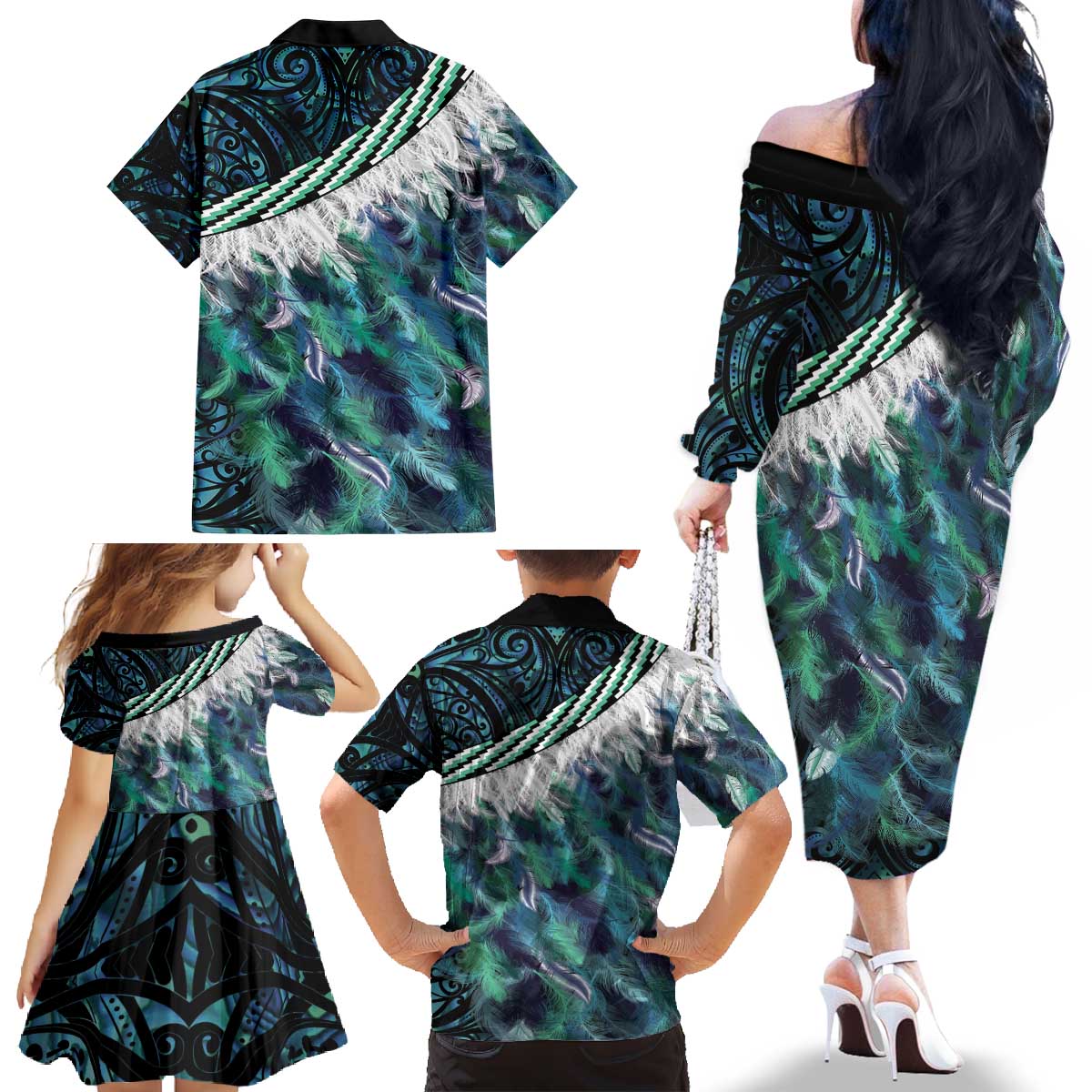 Turquoise Traditional Cloak Aotearoa Family Matching Off The Shoulder Long Sleeve Dress and Hawaiian Shirt Maori Paua Shell Korowai Pattern