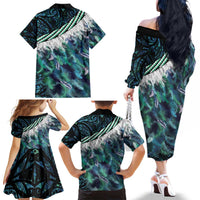 Turquoise Traditional Cloak Aotearoa Family Matching Off The Shoulder Long Sleeve Dress and Hawaiian Shirt Maori Paua Shell Korowai Pattern