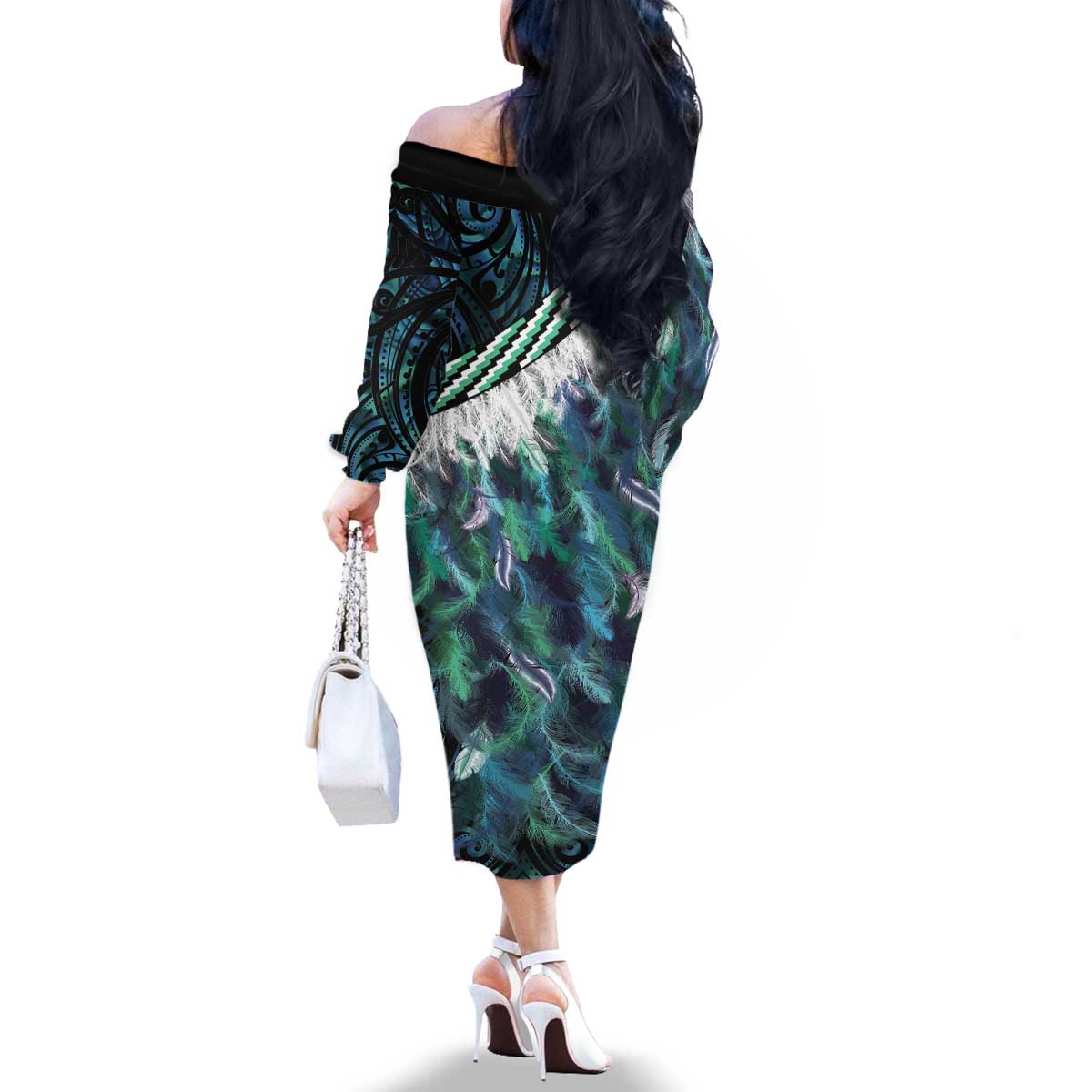 Turquoise Traditional Cloak Aotearoa Family Matching Off The Shoulder Long Sleeve Dress and Hawaiian Shirt Maori Paua Shell Korowai Pattern