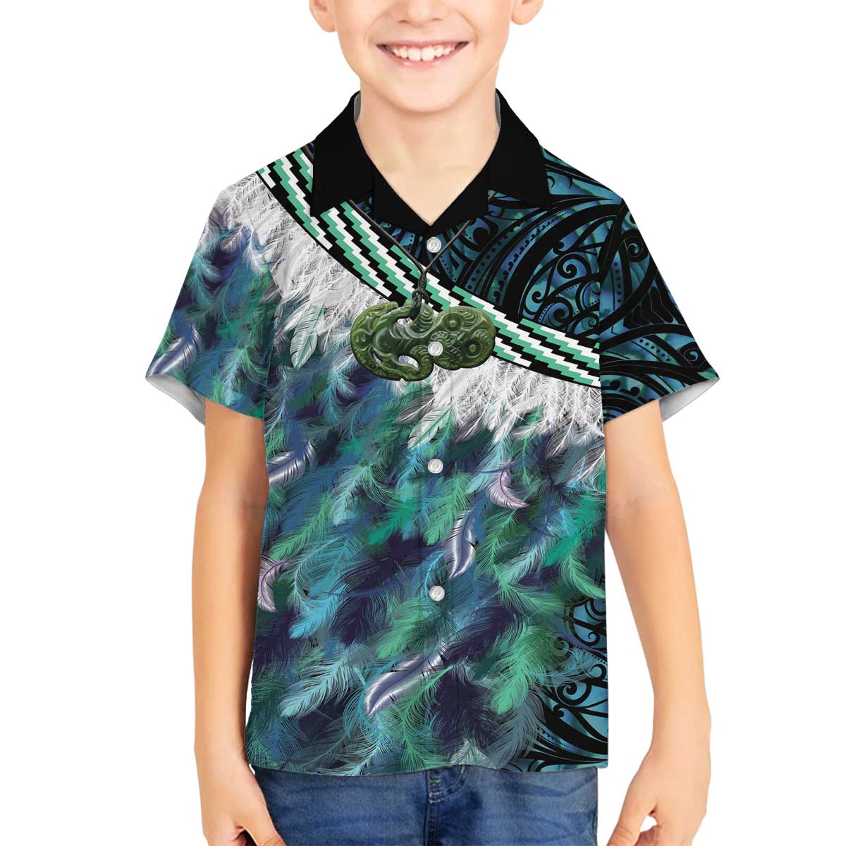 Turquoise Traditional Cloak Aotearoa Family Matching Off The Shoulder Long Sleeve Dress and Hawaiian Shirt Maori Paua Shell Korowai Pattern