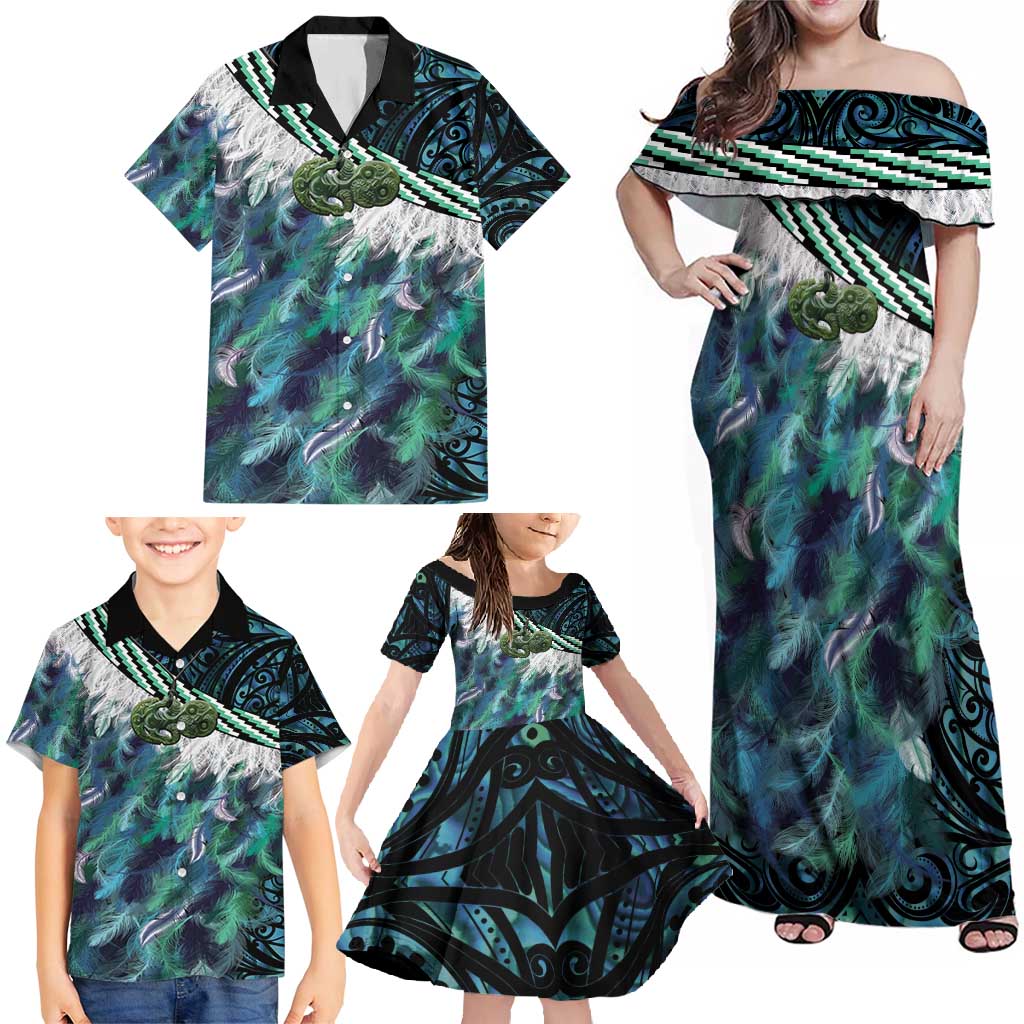 Turquoise Traditional Cloak Aotearoa Family Matching Off Shoulder Maxi Dress and Hawaiian Shirt Maori Paua Shell Korowai Pattern