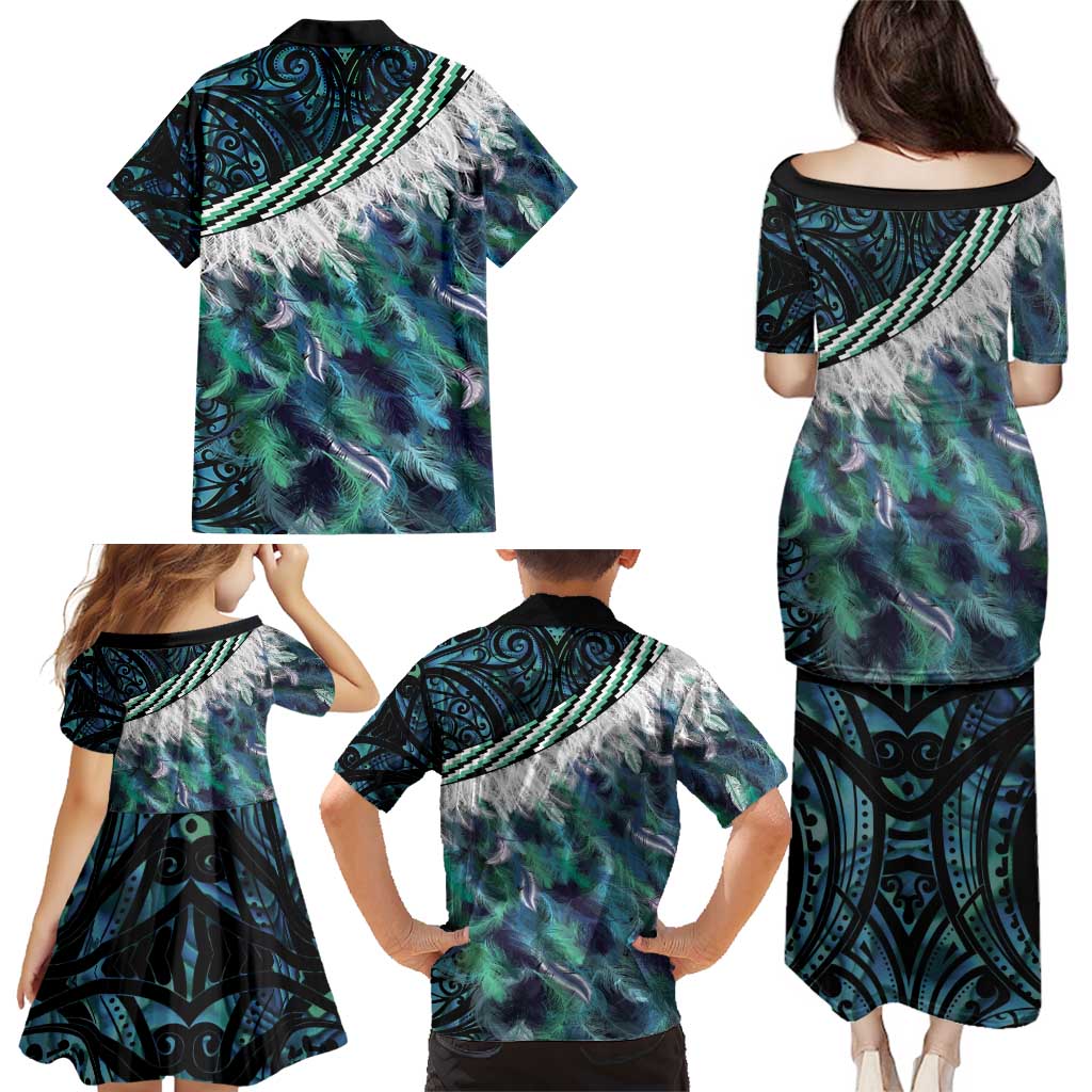 Turquoise Traditional Cloak Aotearoa Family Matching Puletasi and Hawaiian Shirt Maori Paua Shell Korowai Pattern