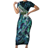 Turquoise Traditional Cloak Aotearoa Family Matching Short Sleeve Bodycon Dress and Hawaiian Shirt Maori Paua Shell Korowai Pattern
