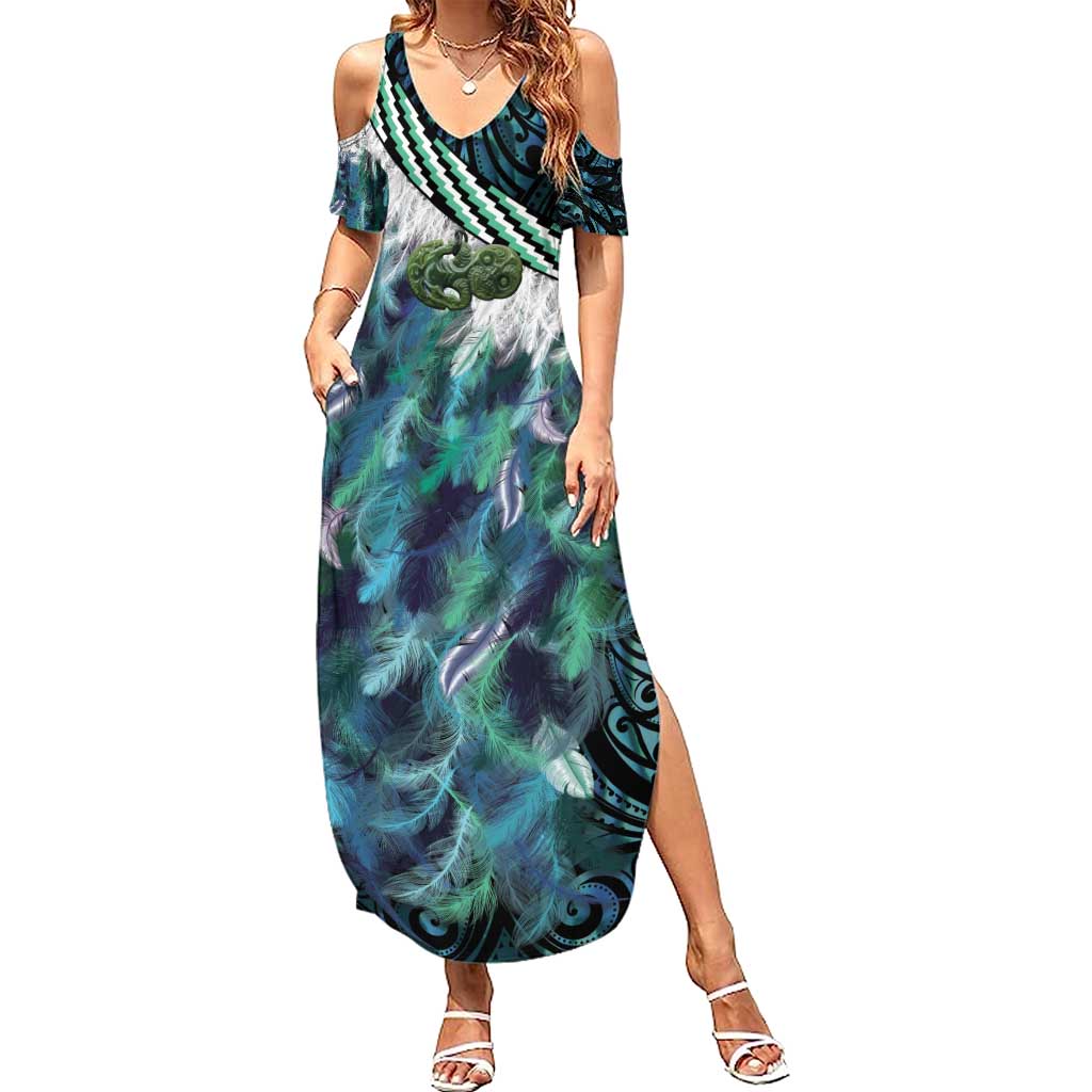 Turquoise Traditional Cloak Aotearoa Family Matching Summer Maxi Dress and Hawaiian Shirt Maori Paua Shell Korowai Pattern