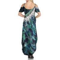 Turquoise Traditional Cloak Aotearoa Family Matching Summer Maxi Dress and Hawaiian Shirt Maori Paua Shell Korowai Pattern