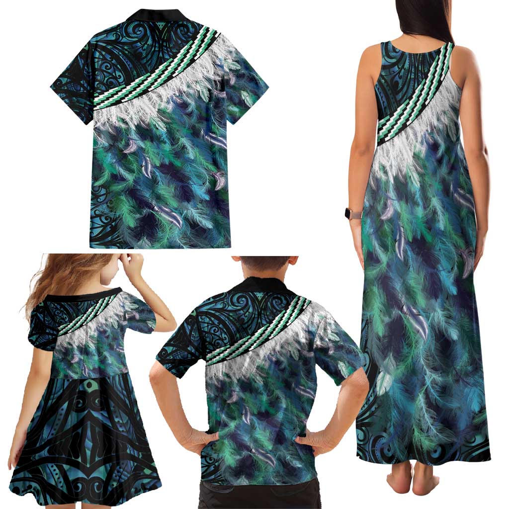 Turquoise Traditional Cloak Aotearoa Family Matching Tank Maxi Dress and Hawaiian Shirt Maori Paua Shell Korowai Pattern
