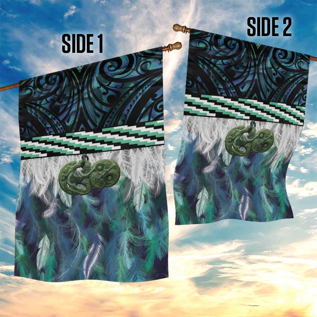 Turquoise Traditional Cloak Aotearoa Garden Flag Maori Paua Shell Korowai Pattern