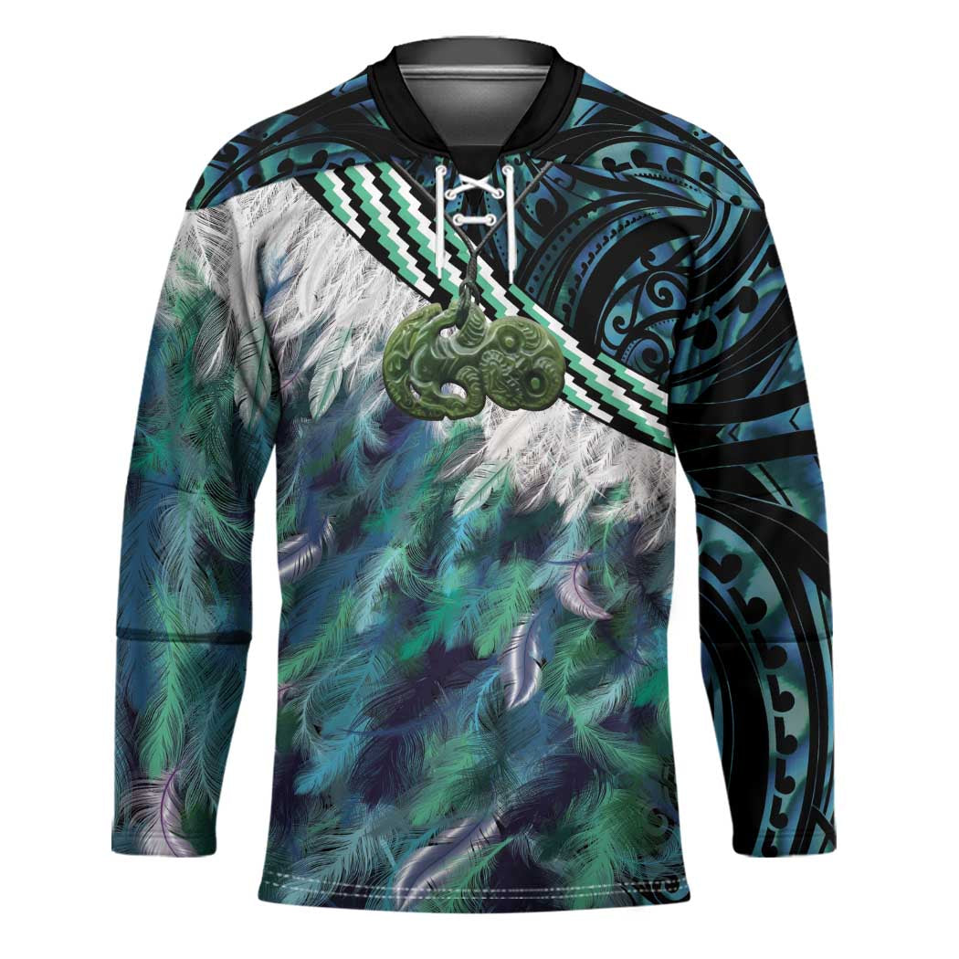 Turquoise Traditional Cloak Aotearoa Hockey Jersey Maori Paua Shell Korowai Pattern - Polynesian Pride