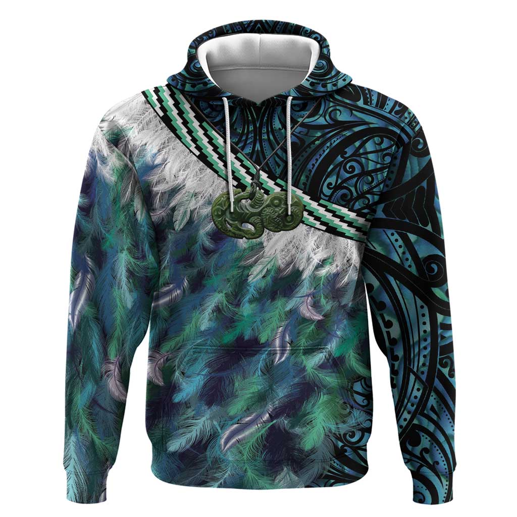 Turquoise Traditional Cloak Aotearoa Hoodie Maori Paua Shell Korowai Pattern