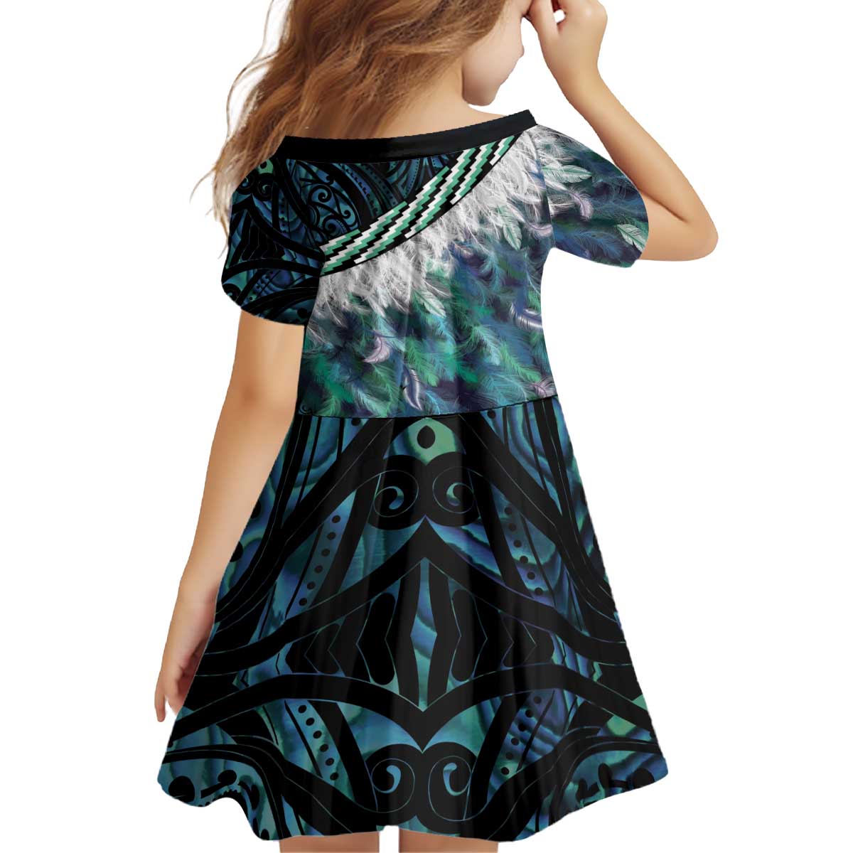 Turquoise Traditional Cloak Aotearoa Kid Short Sleeve Dress Maori Paua Shell Korowai Pattern LT14 - Polynesian Pride
