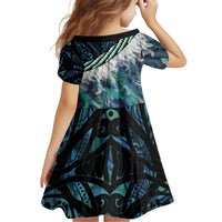Turquoise Traditional Cloak Aotearoa Kid Short Sleeve Dress Maori Paua Shell Korowai Pattern LT14 - Polynesian Pride