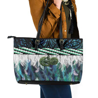 Turquoise Traditional Cloak Aotearoa Leather Tote Bag Maori Paua Shell Korowai Pattern