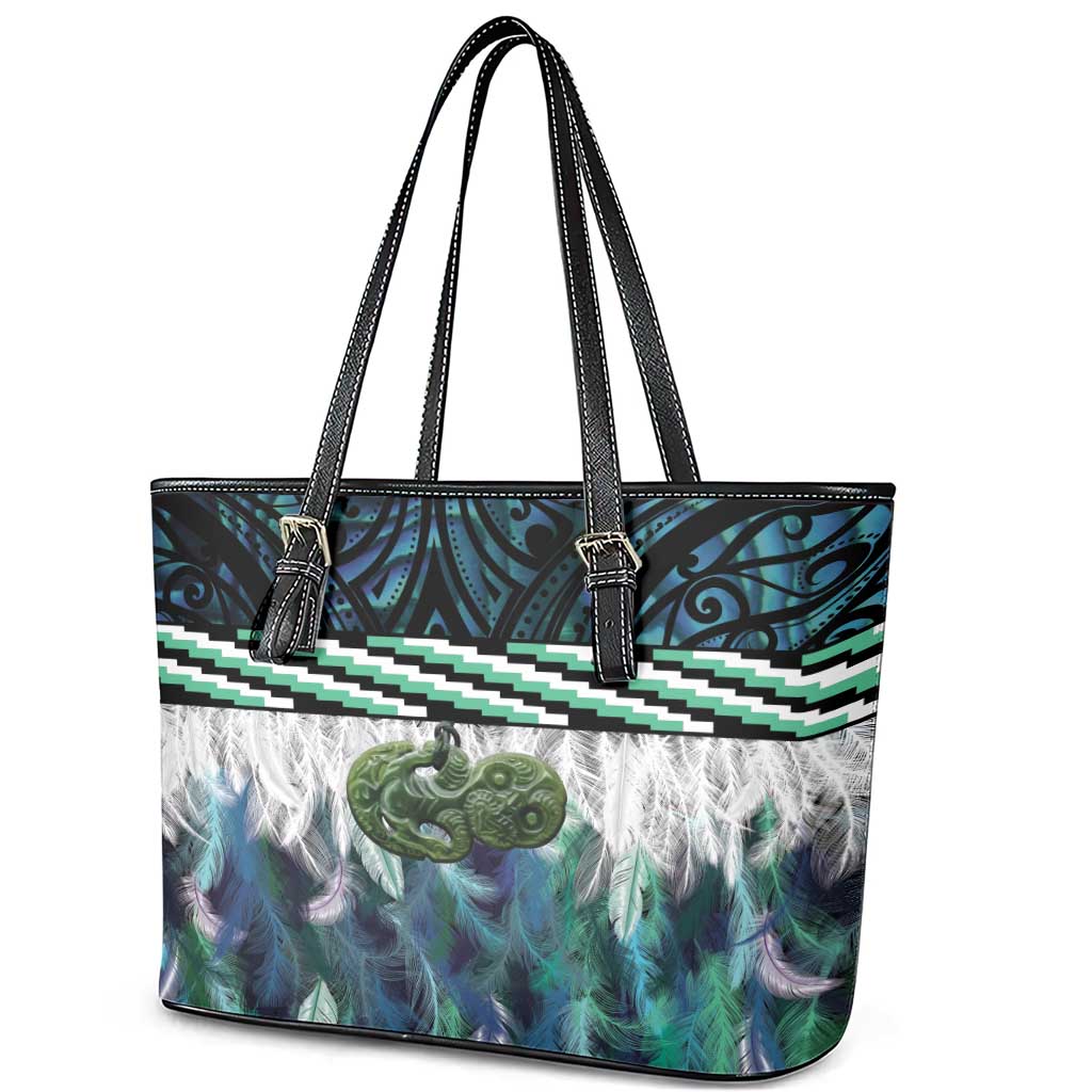 Turquoise Traditional Cloak Aotearoa Leather Tote Bag Maori Paua Shell Korowai Pattern