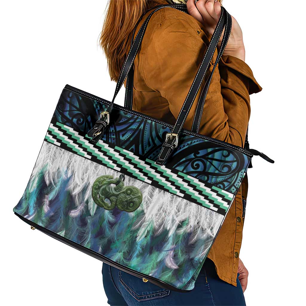 Turquoise Traditional Cloak Aotearoa Leather Tote Bag Maori Paua Shell Korowai Pattern