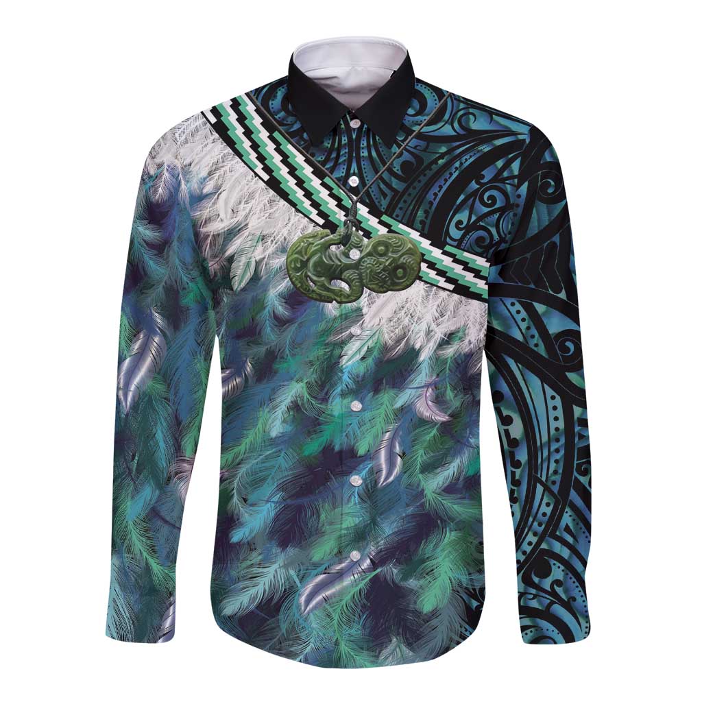 Turquoise Traditional Cloak Aotearoa Long Sleeve Button Shirt Maori Paua Shell Korowai Pattern LT14 Unisex Turquoise - Polynesian Pride