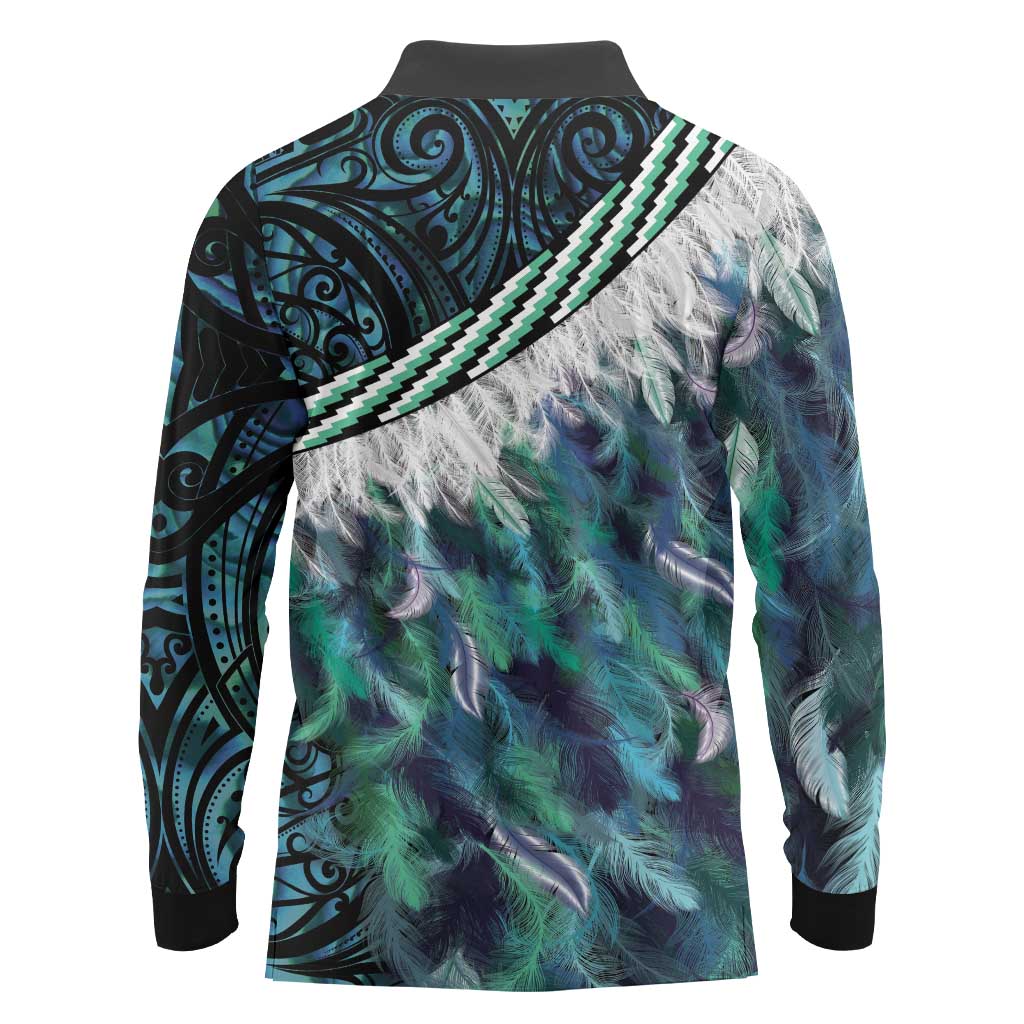 Turquoise Traditional Cloak Aotearoa Long Sleeve Polo Shirt Maori Paua Shell Korowai Pattern