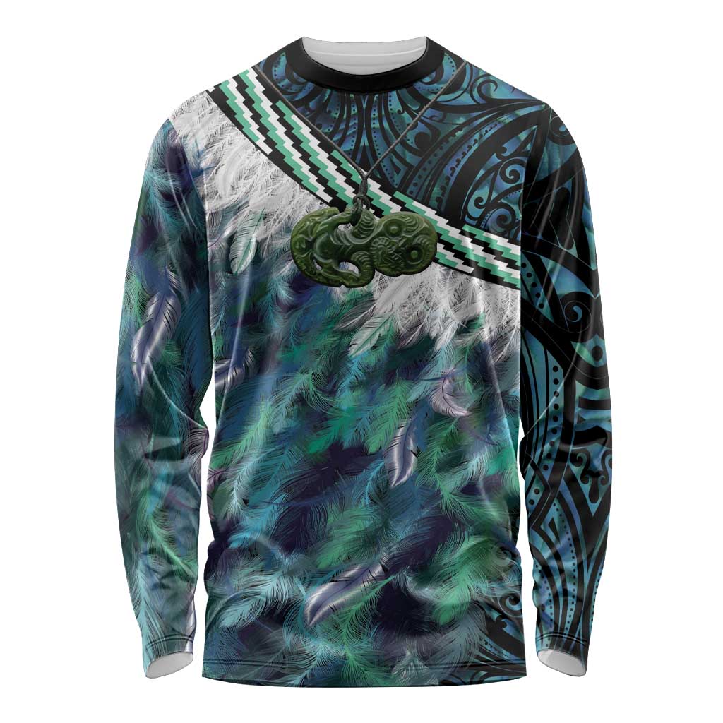 Turquoise Traditional Cloak Aotearoa Long Sleeve Shirt Maori Paua Shell Korowai Pattern LT14 Unisex Turquoise - Polynesian Pride