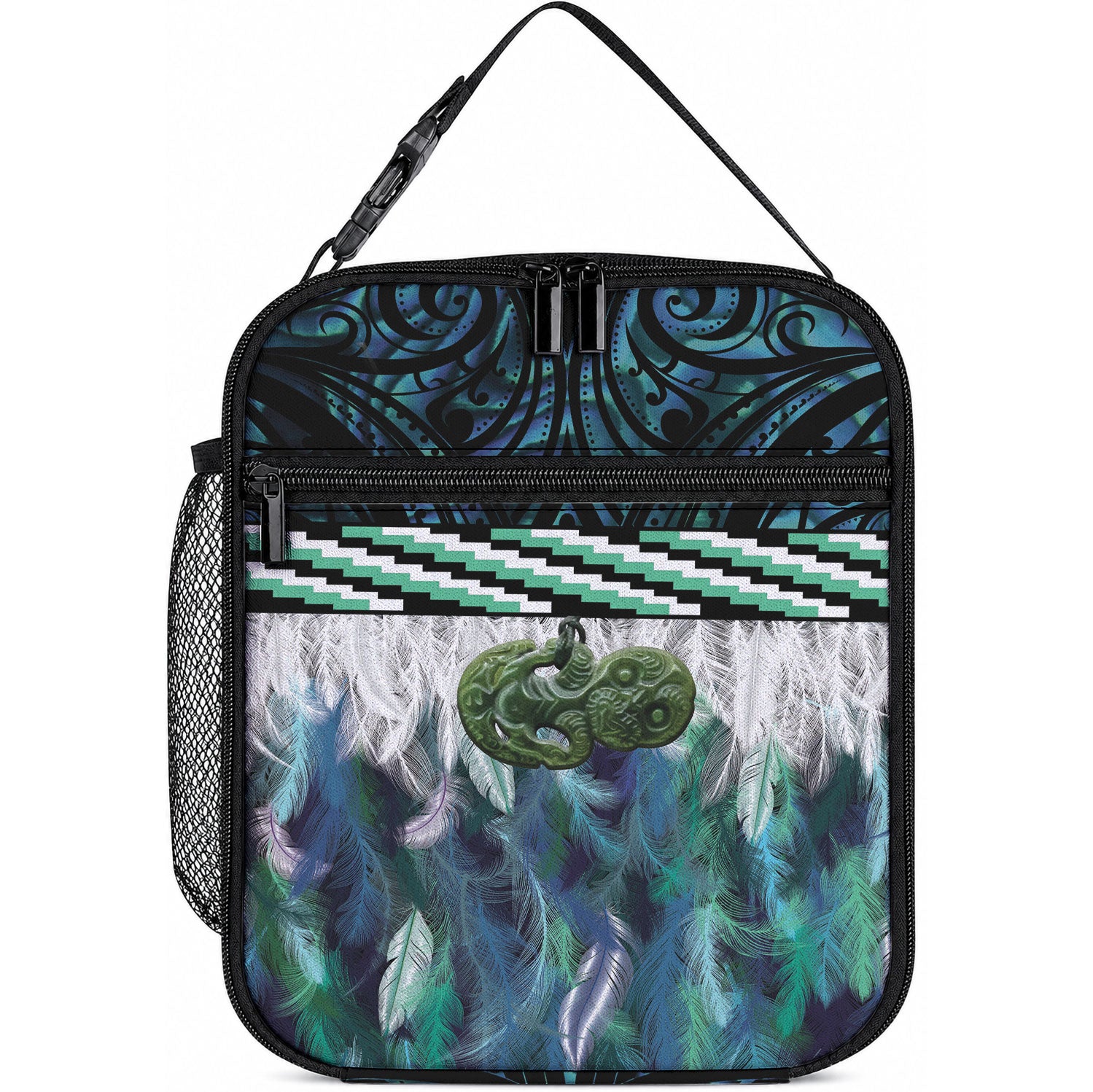 Turquoise Traditional Cloak Aotearoa Lunch Bag Maori Paua Shell Korowai Pattern LT14 10.2 × 8.3 × 4.3 inch Turquoise - Polynesian Pride