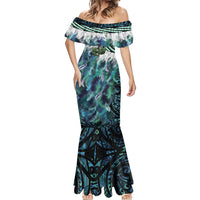 Turquoise Traditional Cloak Aotearoa Mermaid Dress Maori Paua Shell Korowai Pattern