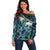 Turquoise Traditional Cloak Aotearoa Off Shoulder Sweater Maori Paua Shell Korowai Pattern