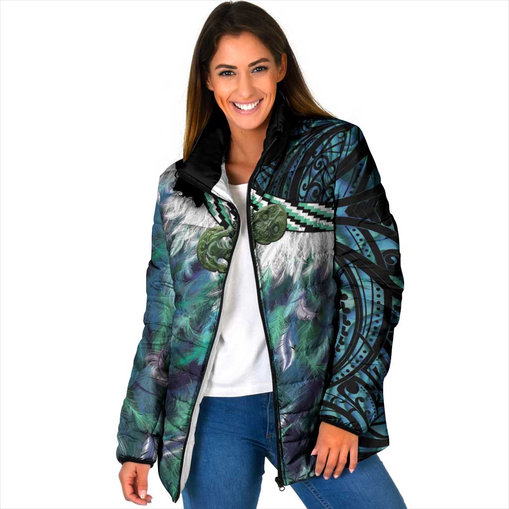 Turquoise Traditional Cloak Aotearoa Padded Jacket Maori Paua Shell Korowai Pattern - Polynesian Pride