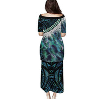 Turquoise Traditional Cloak Aotearoa Puletasi Maori Paua Shell Korowai Pattern LT14 - Polynesian Pride