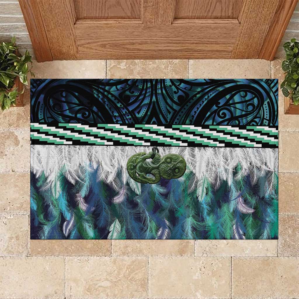 Turquoise Traditional Cloak Aotearoa Rubber Doormat Maori Paua Shell Korowai Pattern