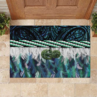Turquoise Traditional Cloak Aotearoa Rubber Doormat Maori Paua Shell Korowai Pattern