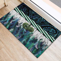 Turquoise Traditional Cloak Aotearoa Rubber Doormat Maori Paua Shell Korowai Pattern
