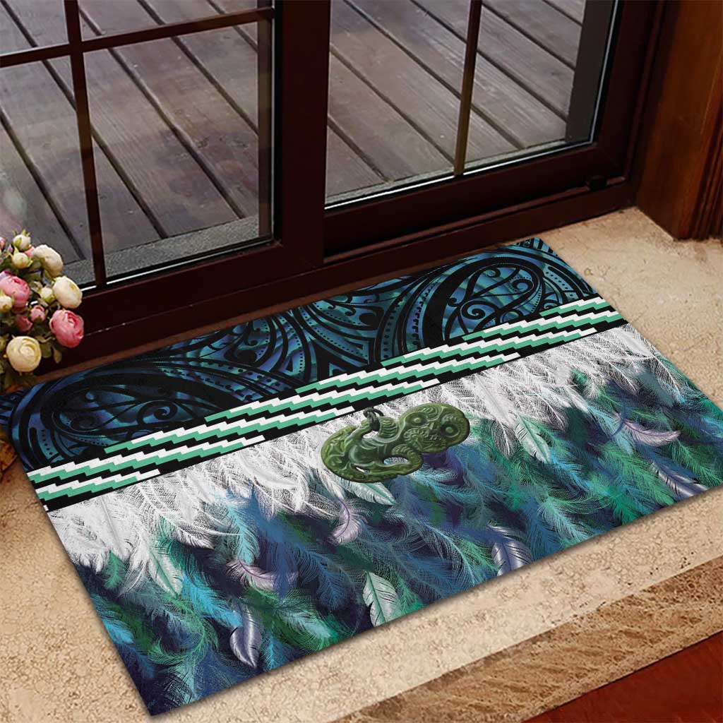 Turquoise Traditional Cloak Aotearoa Rubber Doormat Maori Paua Shell Korowai Pattern