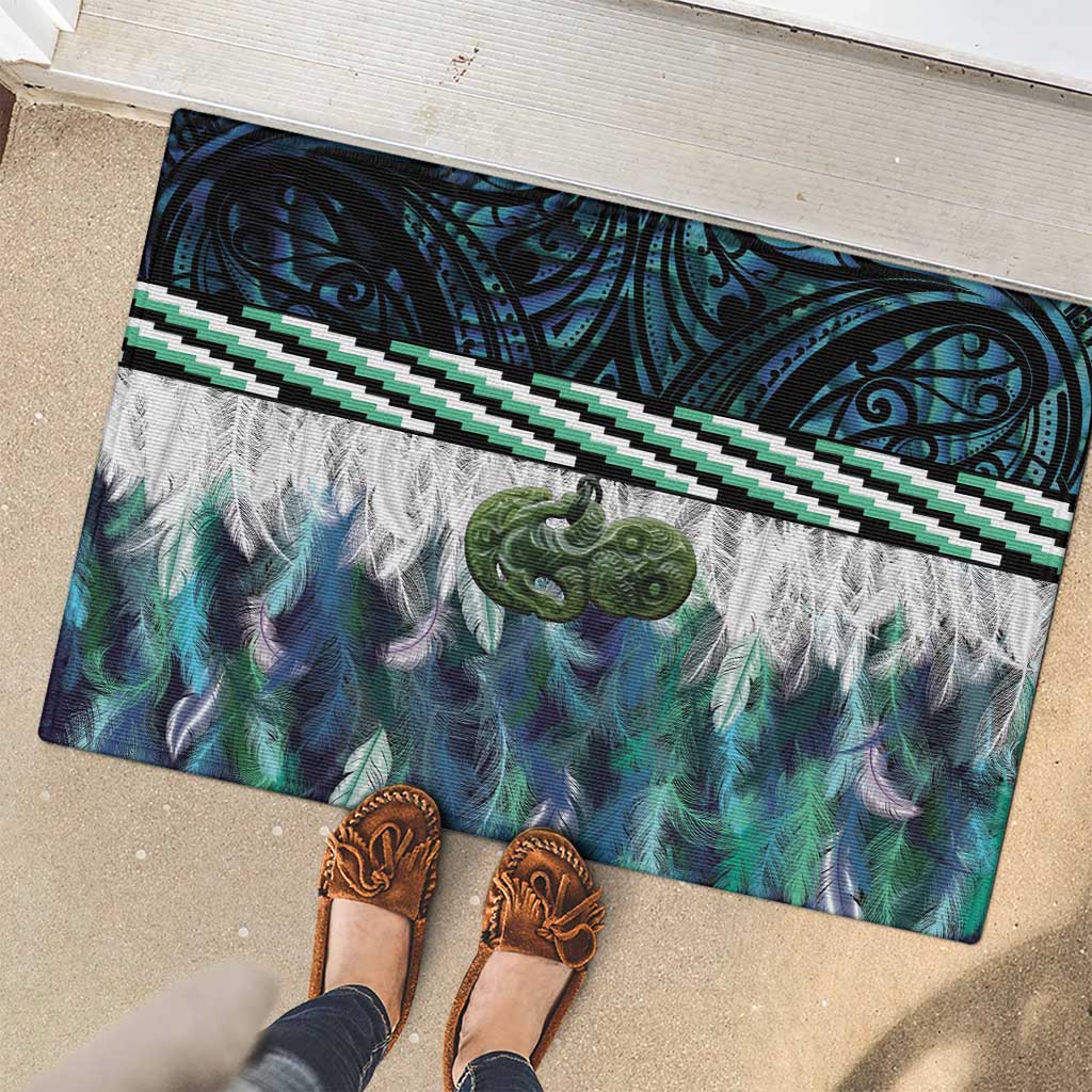 Turquoise Traditional Cloak Aotearoa Rubber Doormat Maori Paua Shell Korowai Pattern