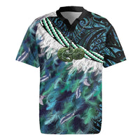 Turquoise Traditional Cloak Aotearoa Rugby Jersey Maori Paua Shell Korowai Pattern
