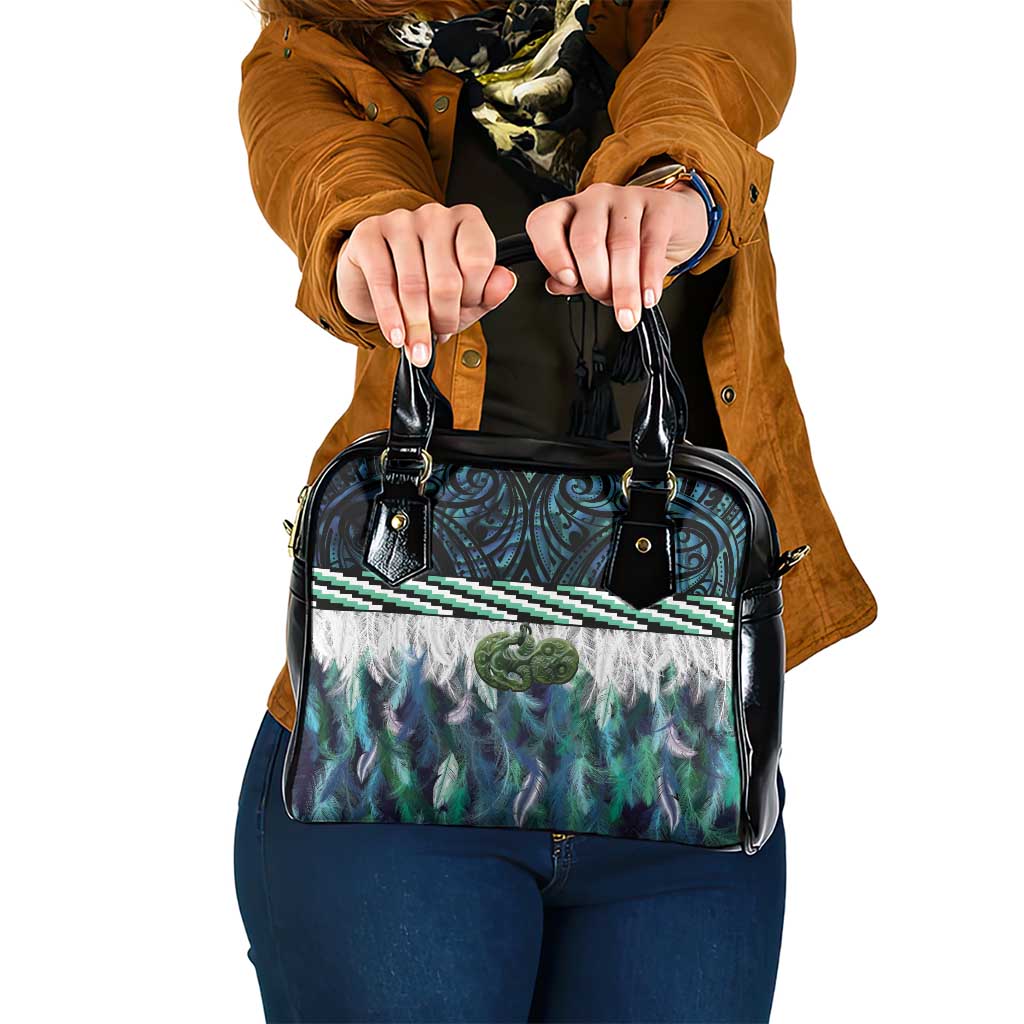 Turquoise Traditional Cloak Aotearoa Shoulder Handbag Maori Paua Shell Korowai Pattern