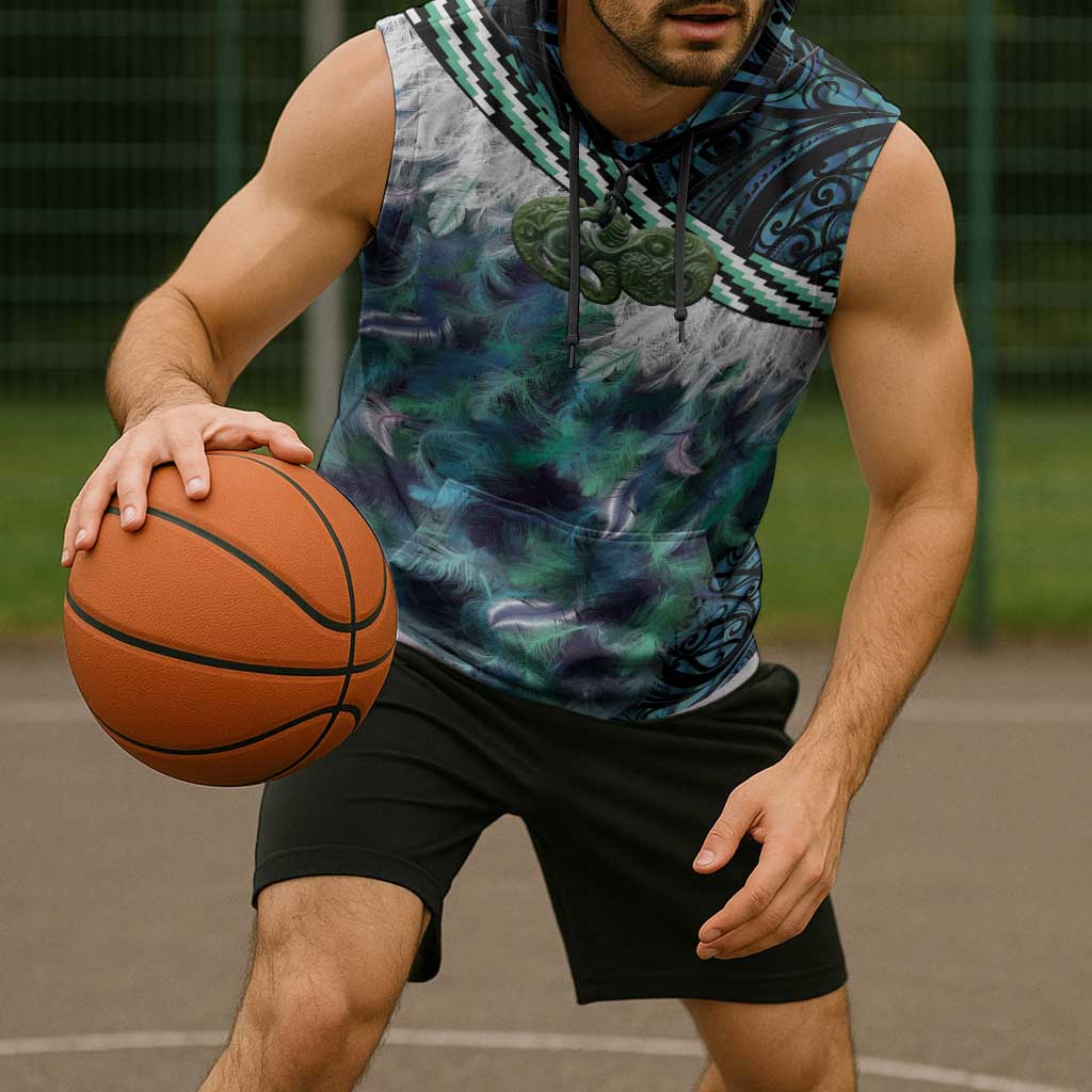 Turquoise Traditional Cloak Aotearoa Sleeveless Hoodie Maori Paua Shell Korowai Pattern - Polynesian Pride