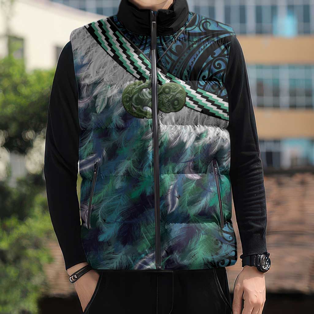 Turquoise Traditional Cloak Aotearoa Sleeveless Puffer Jacket Maori Paua Shell Korowai Pattern - Polynesian Pride