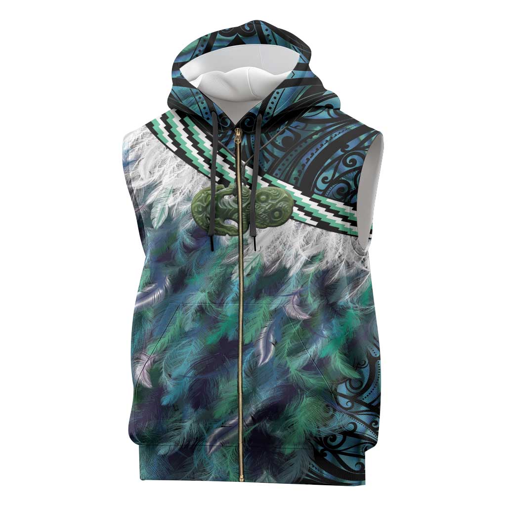 Turquoise Traditional Cloak Aotearoa Sleeveless Zip Hoodie Maori Paua Shell Korowai Pattern - Polynesian Pride