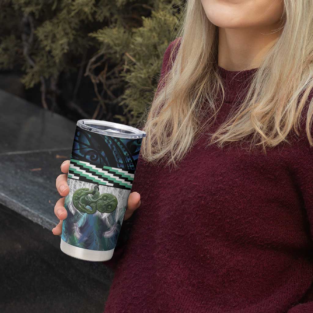 Turquoise Traditional Cloak Aotearoa Tumbler Cup Maori Paua Shell Korowai Pattern