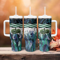 Turquoise Traditional Cloak Aotearoa Tumbler With Handle Maori Paua Shell Korowai Pattern