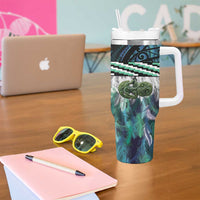 Turquoise Traditional Cloak Aotearoa Tumbler With Handle Maori Paua Shell Korowai Pattern