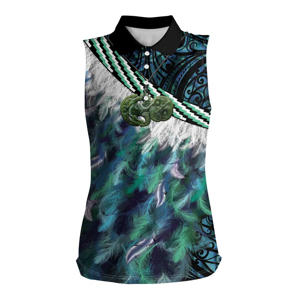 Turquoise Traditional Cloak Aotearoa Women Sleeveless Polo Shirt Maori Paua Shell Korowai Pattern