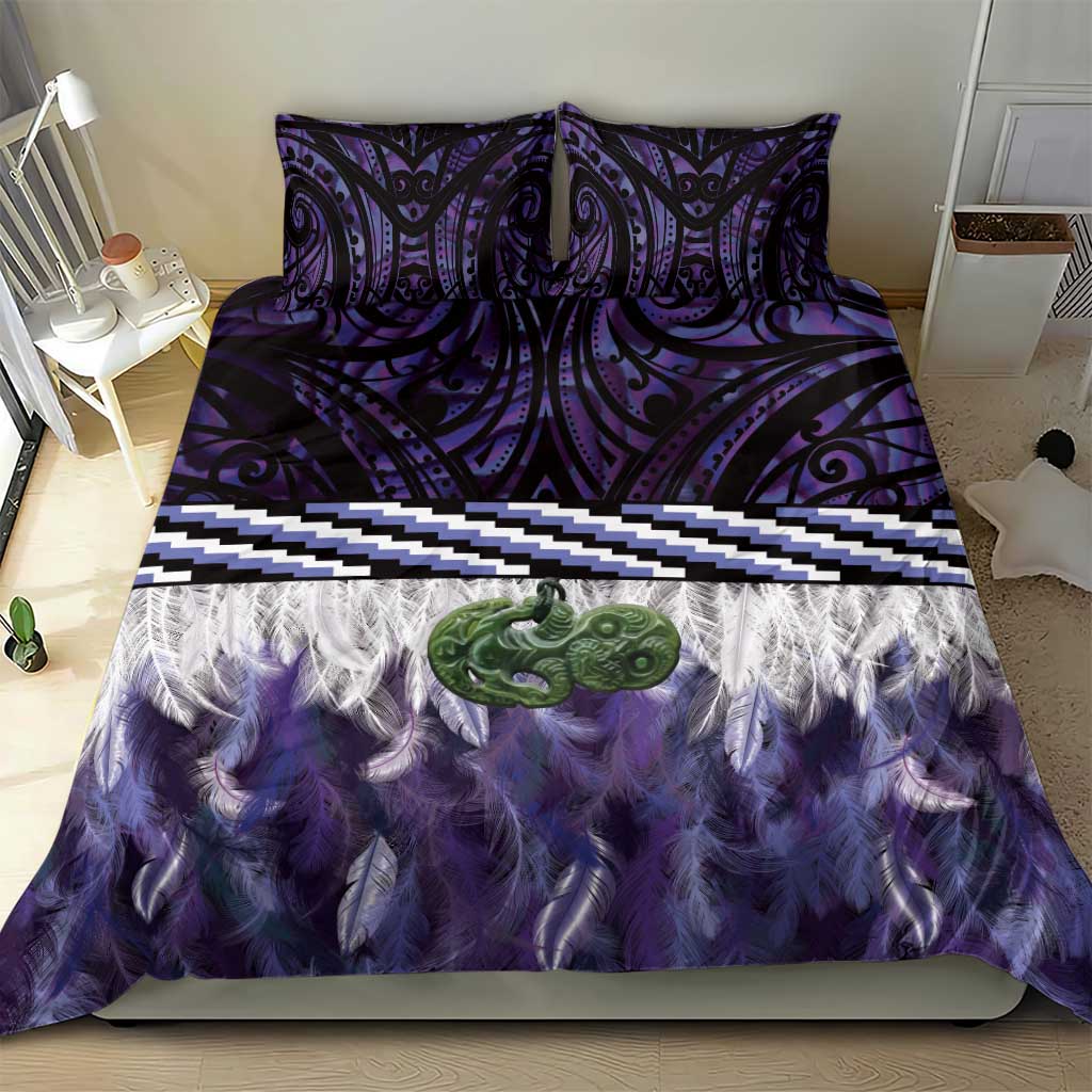 Purple Traditional Cloak Aotearoa Bedding Set Maori Paua Shell Korowai Pattern