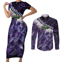 Purple Traditional Cloak Aotearoa Couples Matching Short Sleeve Bodycon Dress and Long Sleeve Button Shirt Maori Paua Shell Korowai Pattern