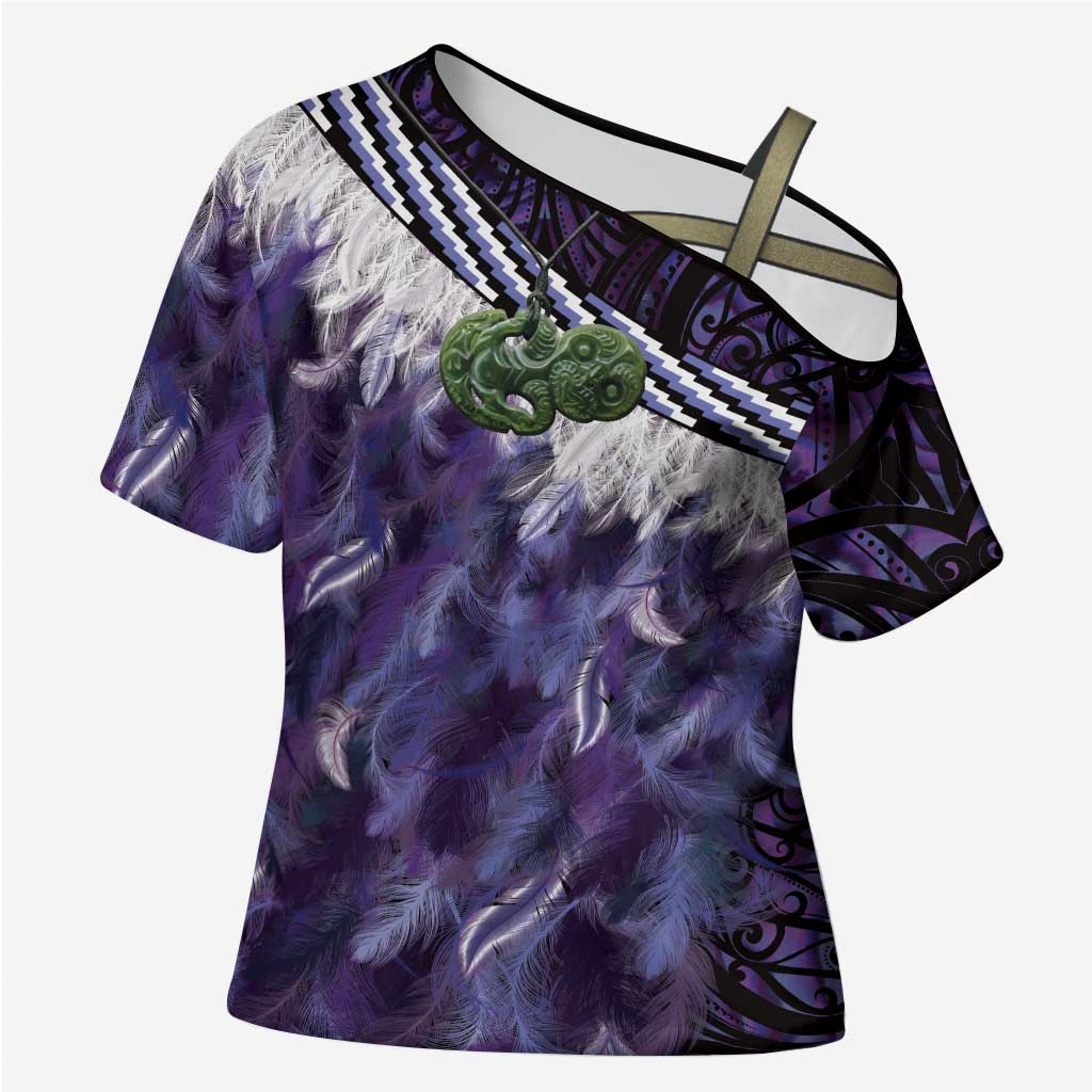 Purple Traditional Cloak Aotearoa Cross Shoulder Shirt Maori Paua Shell Korowai Pattern - Polynesian Pride