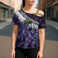 Purple Traditional Cloak Aotearoa Cross Shoulder Shirt Maori Paua Shell Korowai Pattern - Polynesian Pride