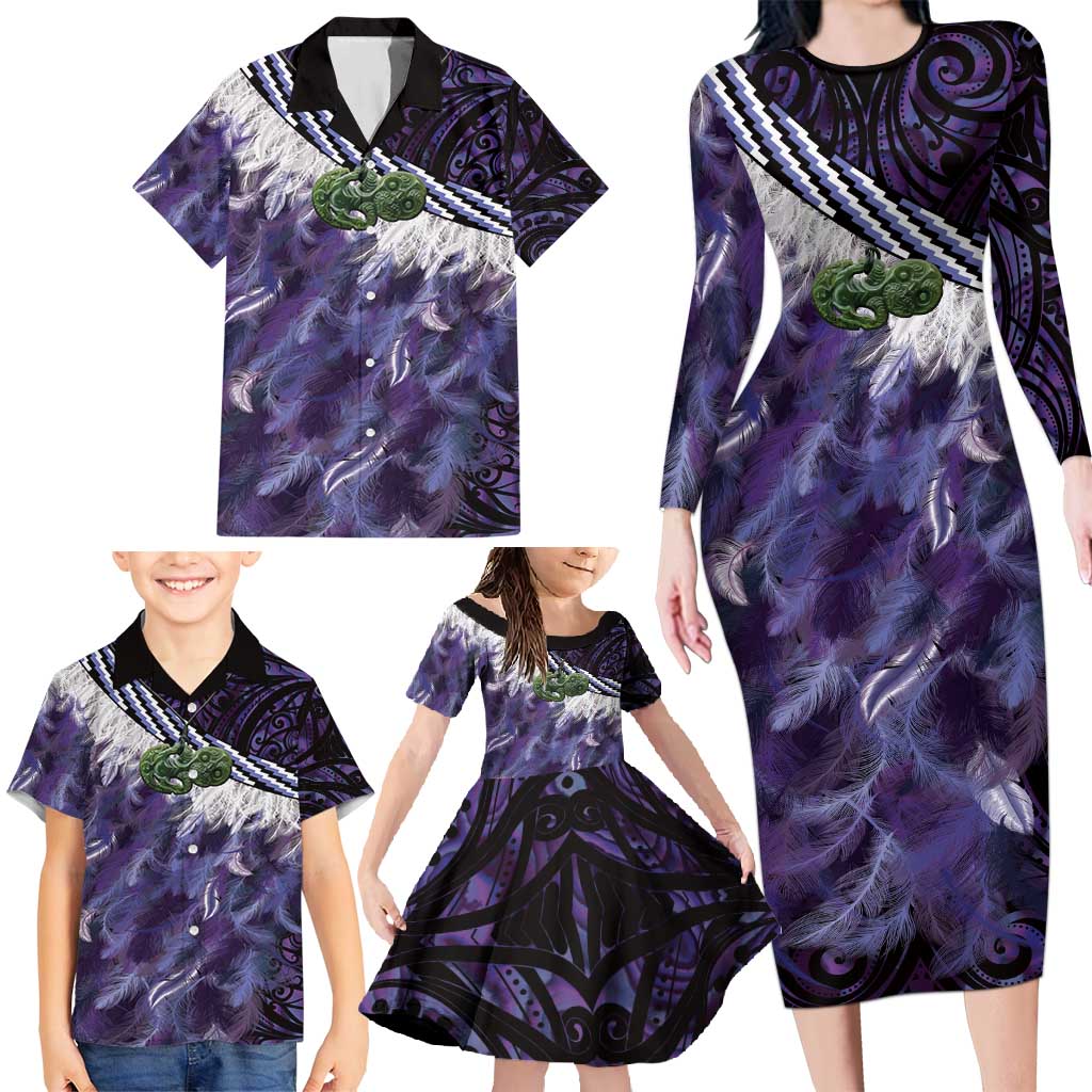 Purple Traditional Cloak Aotearoa Family Matching Long Sleeve Bodycon Dress and Hawaiian Shirt Maori Paua Shell Korowai Pattern