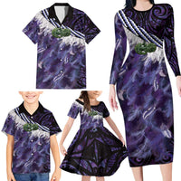 Purple Traditional Cloak Aotearoa Family Matching Long Sleeve Bodycon Dress and Hawaiian Shirt Maori Paua Shell Korowai Pattern