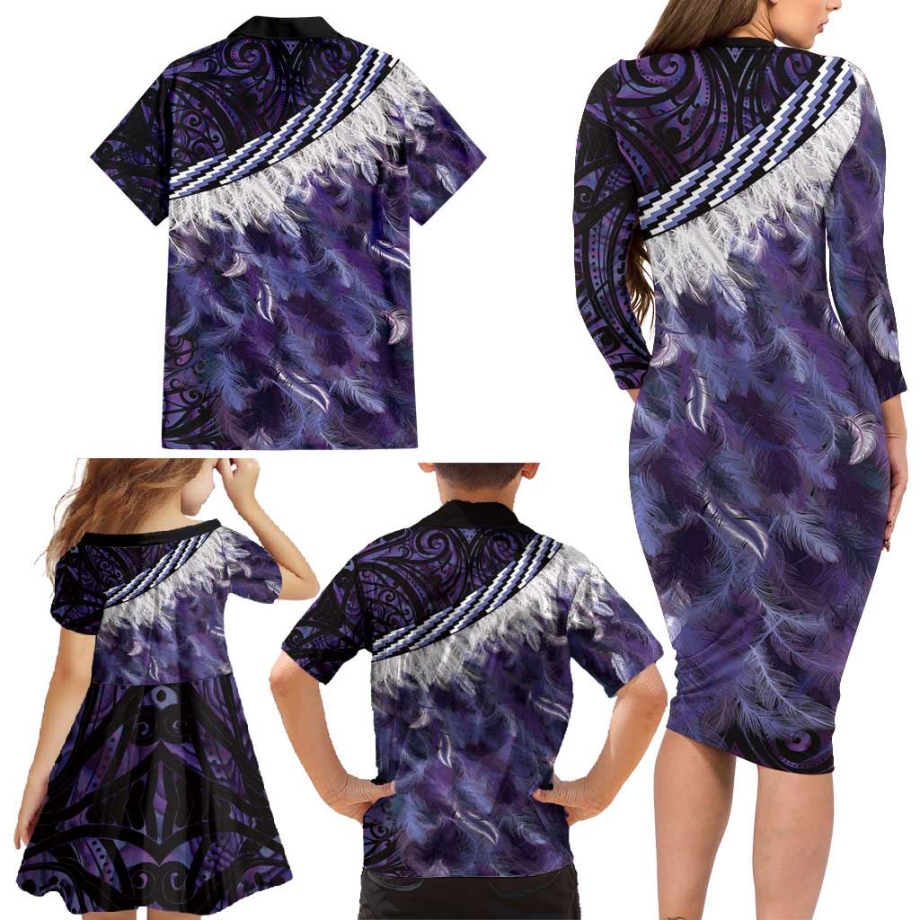 Purple Traditional Cloak Aotearoa Family Matching Long Sleeve Bodycon Dress and Hawaiian Shirt Maori Paua Shell Korowai Pattern