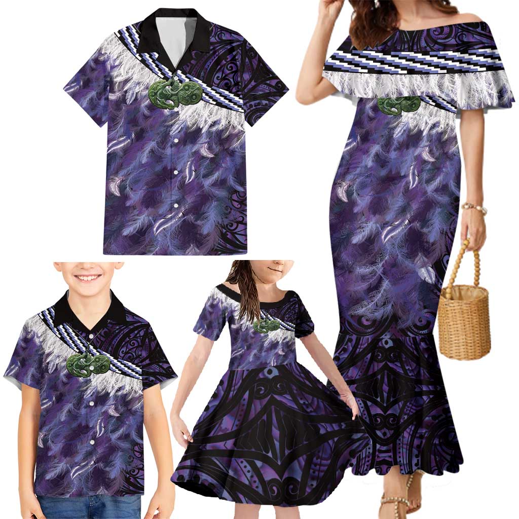 Purple Traditional Cloak Aotearoa Family Matching Mermaid Dress and Hawaiian Shirt Maori Paua Shell Korowai Pattern