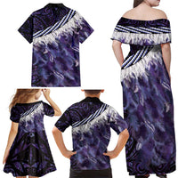 Purple Traditional Cloak Aotearoa Family Matching Off Shoulder Maxi Dress and Hawaiian Shirt Maori Paua Shell Korowai Pattern