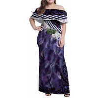 Purple Traditional Cloak Aotearoa Family Matching Off Shoulder Maxi Dress and Hawaiian Shirt Maori Paua Shell Korowai Pattern